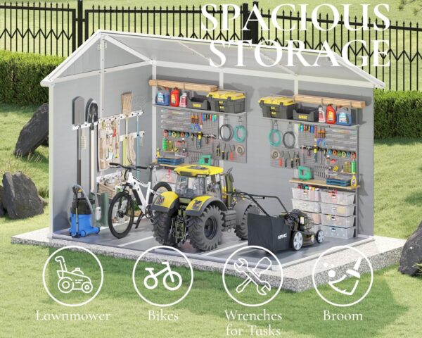 10.5x7.6x7.5 FT Resin Storage Shed with Floor, Outdoor Tool Sheds with Window, Vents and Stainless Steel Cores, for Lawnmowers/Bicycles/Pool Supplies, Grey - Image 5