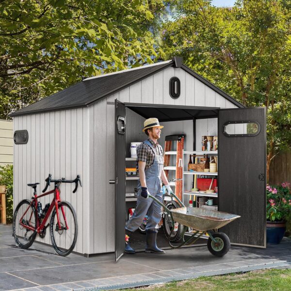 YITAHOME 8x8ft Outdoor Plastic Storage Shed with Floor, 427 cuft Waterproof Garden Shed with Lockable Door, Windows & Vents, Plastic Tool Storage for Patio Furniture, Lawn Mower, Bike Storage, Gray - Image 3